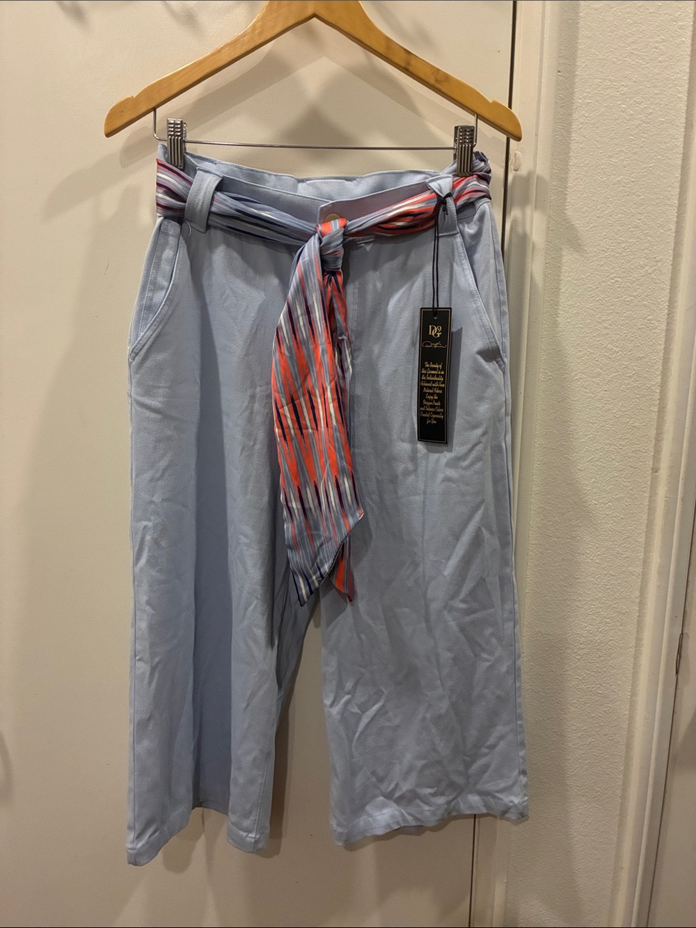 DG2 by Diane Gilman Light Blue Wide-Leg Capris with Striped Tie Belt